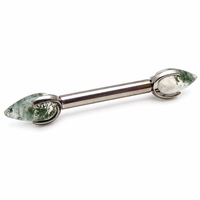 Moss Agate Dragon Egg barbell nipple piercing in 16g, body jewelry with 10mm moss agate stone and dragon egg design.