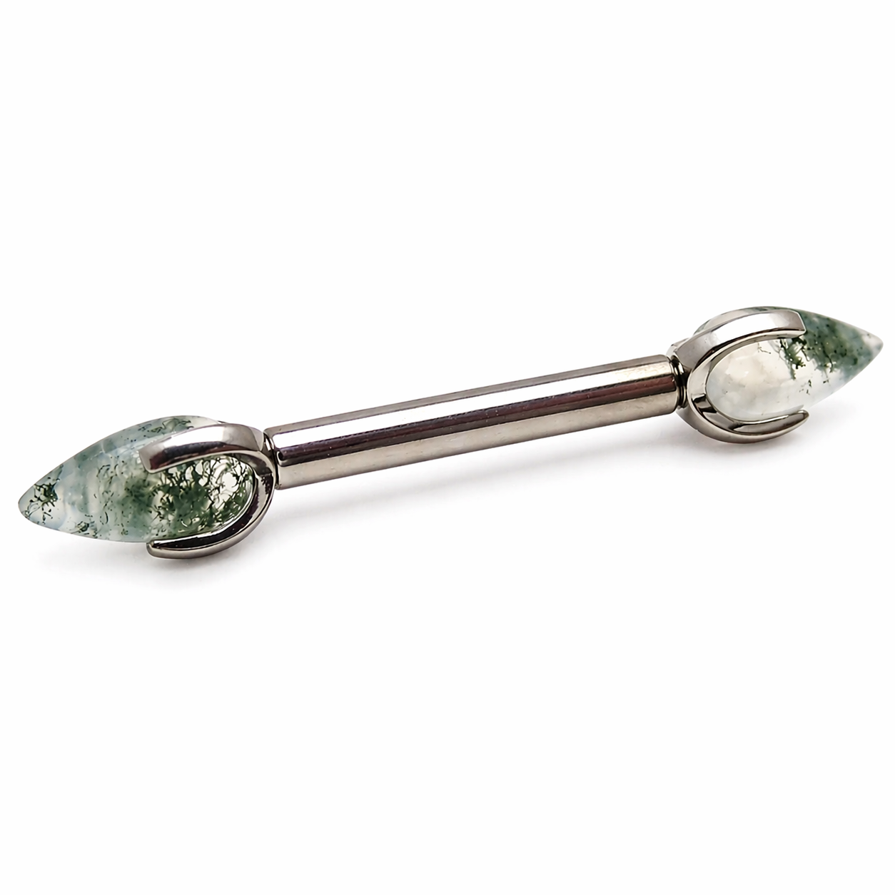 Moss Agate Dragon Egg barbell nipple piercing in 16g, body jewelry with 10mm moss agate stone and dragon egg design.