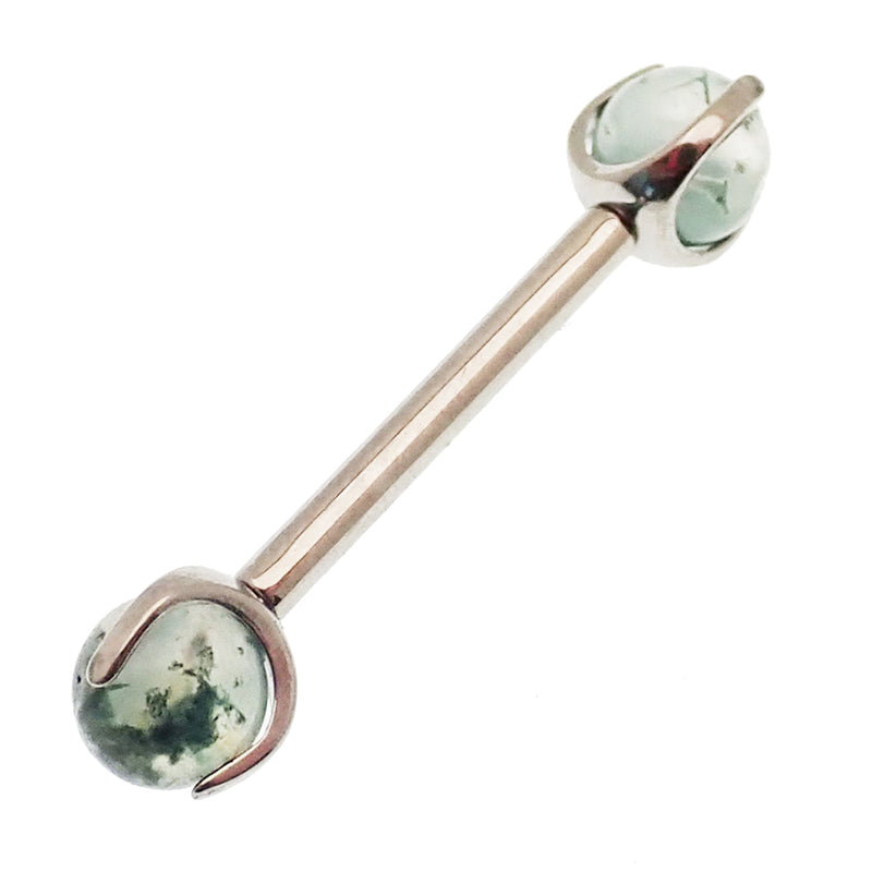 Moss Agate nipple barbell piercing in 16g with 10mm length, made by Body Clickers Body Jewelry, featuring natural gemstone.