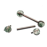 Moss Agate nipple barbell piercing in 16g from Body Clickers Body Jewelry, featuring a 10mm decorative Moss Agate gemstone.