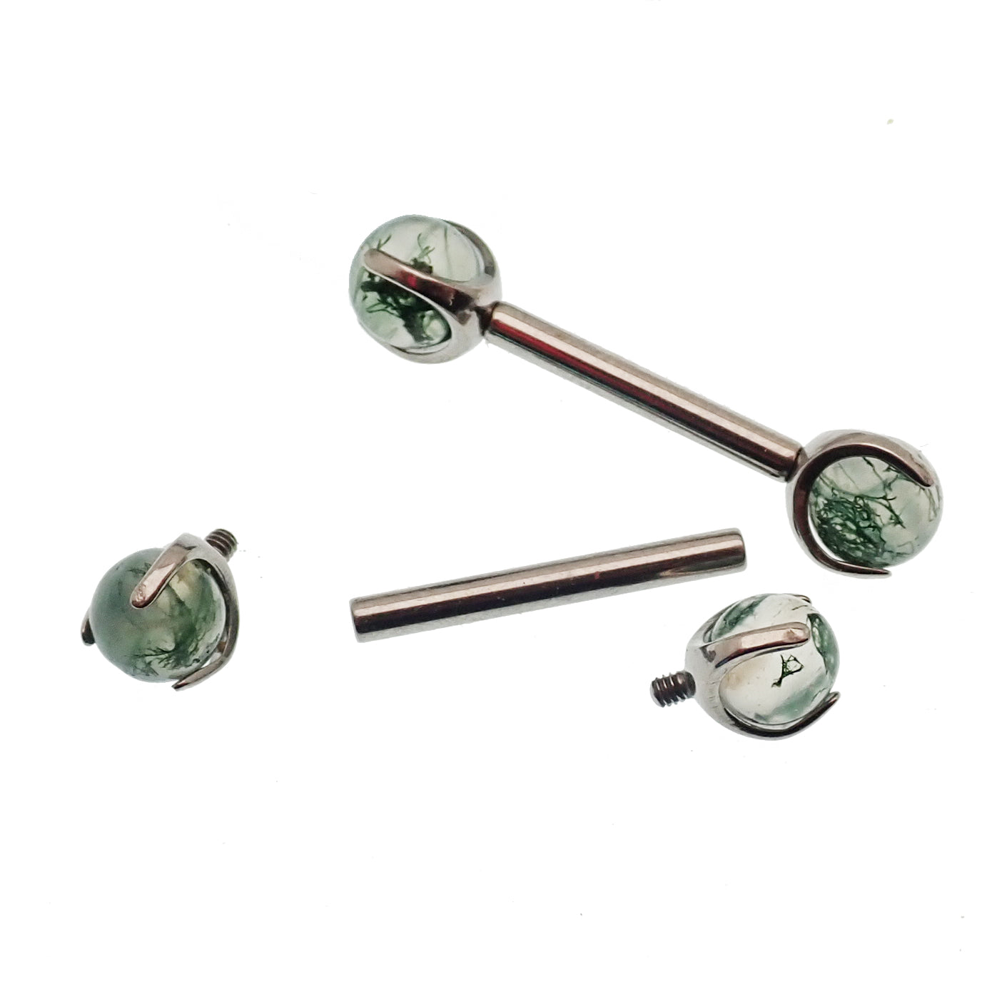 Moss Agate nipple barbell piercing in 16g from Body Clickers Body Jewelry, featuring a 10mm decorative Moss Agate gemstone.