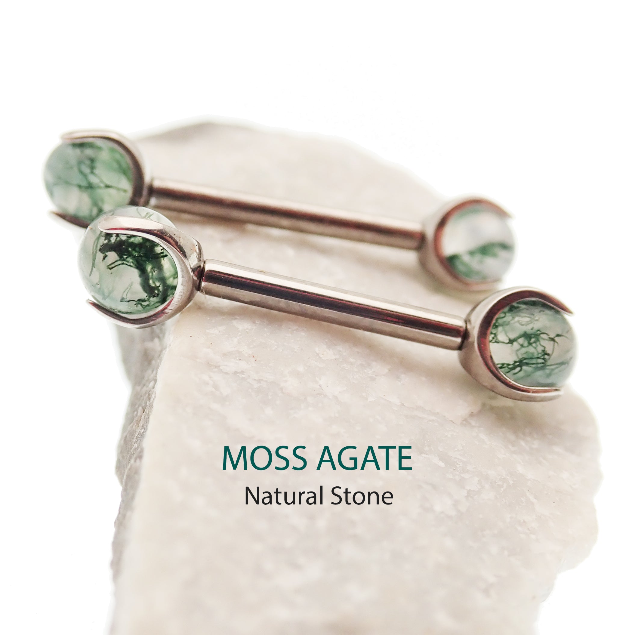 Moss Agate nipple barbell piercing in 16g with 10mm length, Body Clickers Body Jewelry nipple jewelry for body piercing.