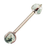 Moss Agate nipple barbell piercing in 14g and 12g, Body Clickers Body Jewelry, with 10mm bar and 5mm gemstone.