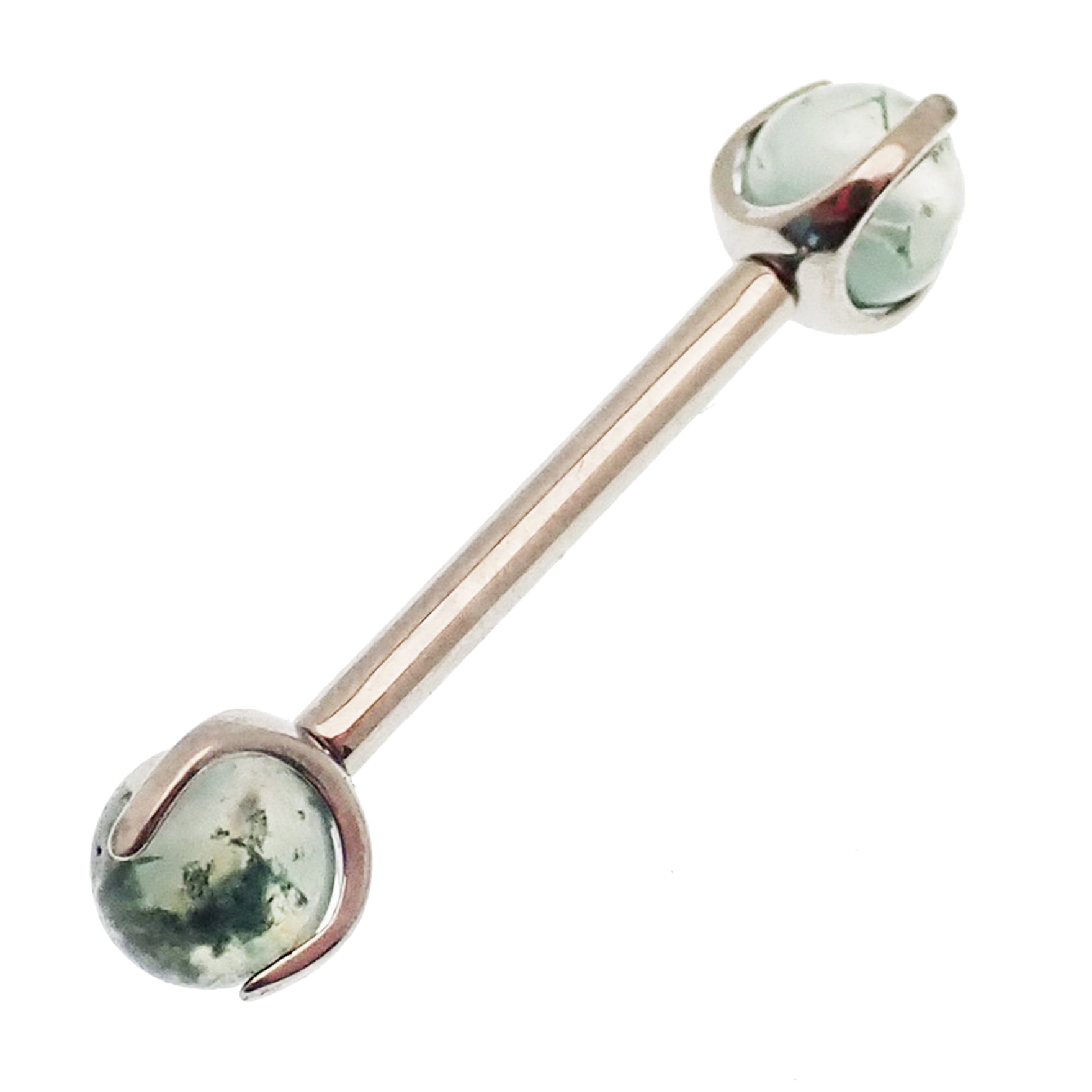 Moss Agate nipple barbell piercing in 14g and 12g, Body Clickers Body Jewelry, with 10mm bar and 5mm gemstone.