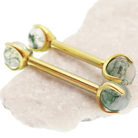 Moss Agate nipple barbell piercing by Body Clickers Body Jewelry, 14g, 12g, with 10mm bar and 5mm moss agate gemstone.