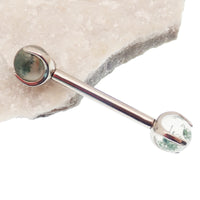 Moss Agate nipple barbell piercing by Body Clickers Body Jewelry, 14g with 10mm and 5mm beads, natural gemstone design.