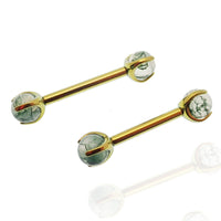 Moss Agate nipple barbell piercing in 14g or 12g, Body Clickers Body Jewelry, with 10mm length and 5mm Moss Agate gemstone.