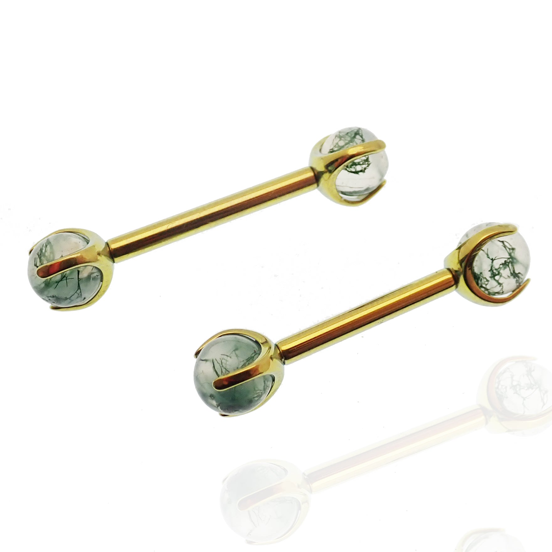 Moss Agate nipple barbell piercing in 14g or 12g, Body Clickers Body Jewelry, with 10mm length and 5mm Moss Agate gemstone.