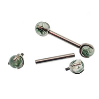 Moss agate nipple barbell piercing in 14g and 12g with 10mm length and 3.8mm to 5mm diameter from Body Clickers Body Jewelry.