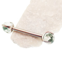 Moss Agate nipple barbell piercing from Body Clickers Body Jewelry, 14g, 12g, with 10mm and 5mm sizes, featuring natural stone design.