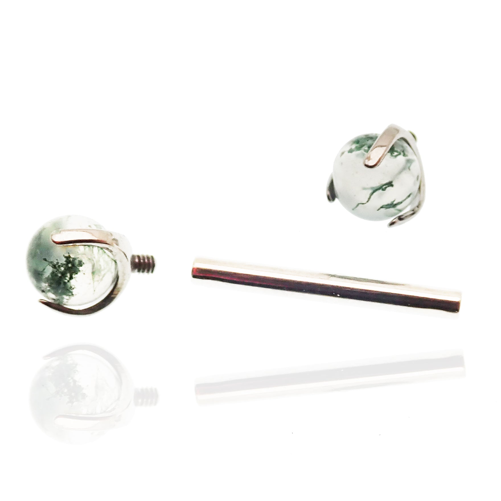 Moss agate nipple barbell piercing by Body Clickers Body Jewelry, 14g and 12g, 10mm length with 3.8mm and 5mm moss agate stones.