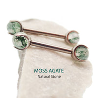 Moss agate nipple barbell piercing by Body Clickers Body Jewelry, 14g and 12g with 10mm length and 5mm gemstone.
