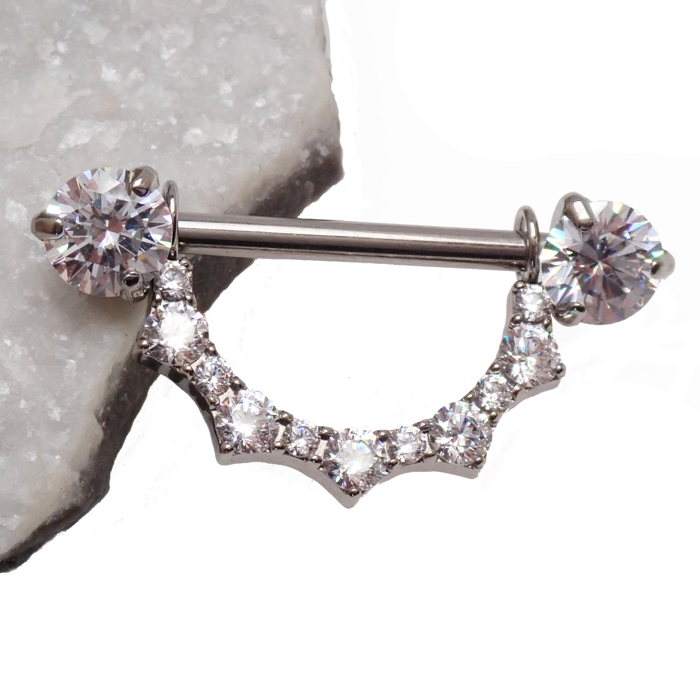 Titanium CZ shield nipple barbell from Body Clickers Body Jewelry with push-fit ends, available in 14mm and 16mm sizes.