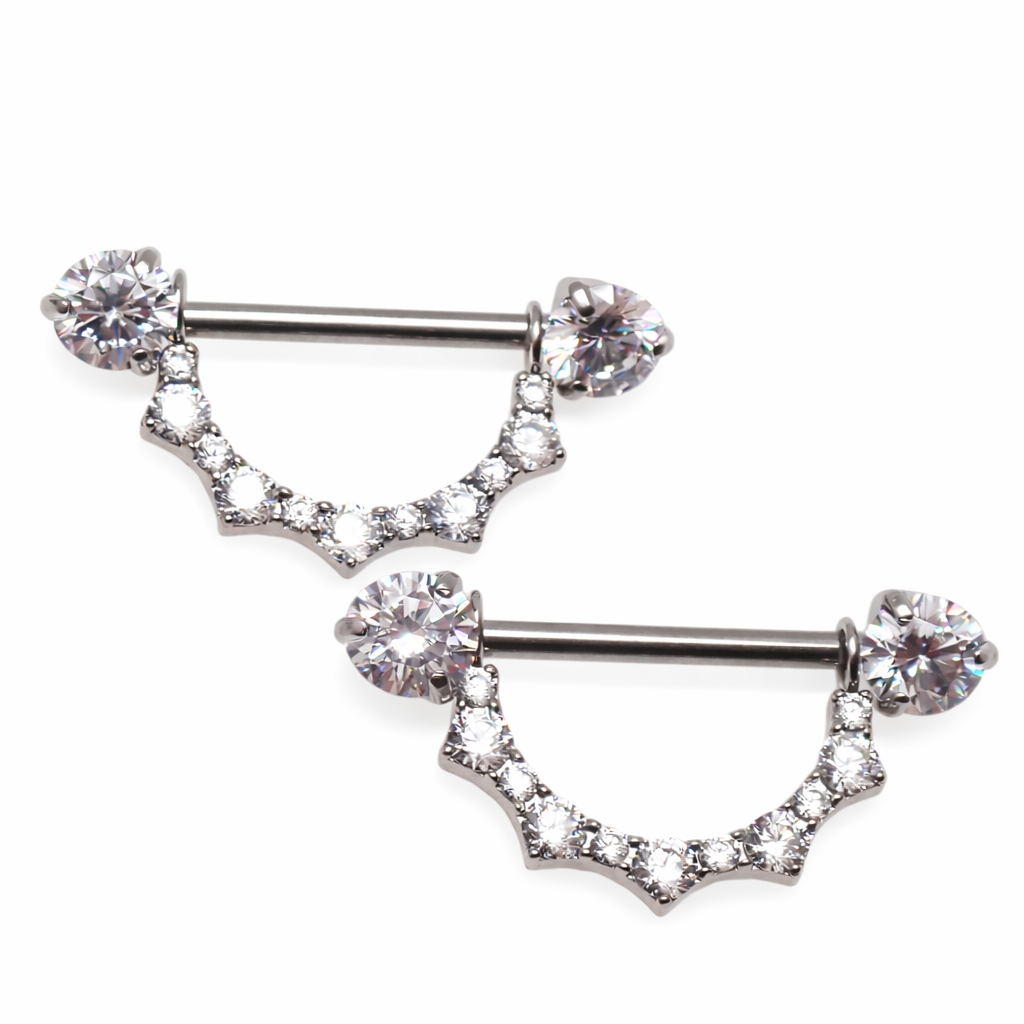 Body Clickers titanium CZ shield nipple barbell with push-fit ends, 14mm or 16mm, 12g jewelry for nipple piercing.