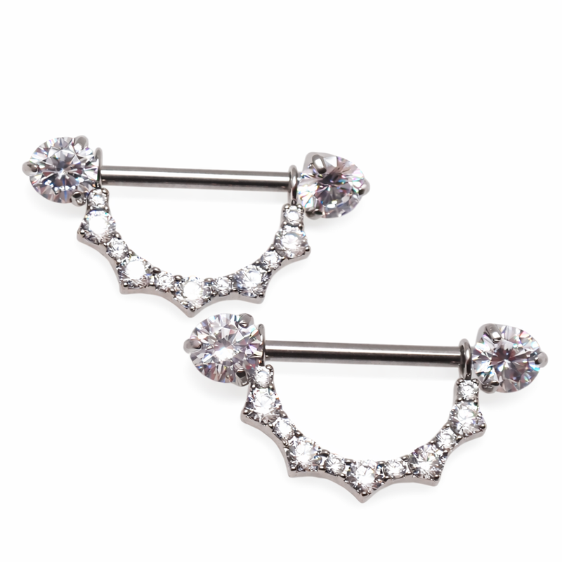 Body Clickers titanium CZ shield nipple barbell with push-fit ends, 14mm or 16mm, 12g jewelry for nipple piercing.