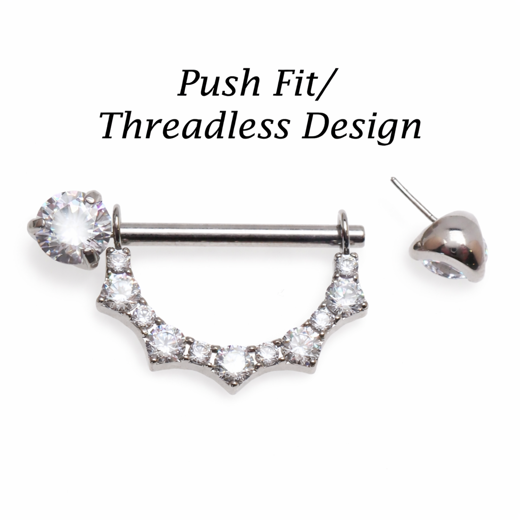 Titanium CZ shield nipple barbell by Body Clickers Body Jewelry with push-fit ends, 14mm or 16mm length, 12g gauge, 2mm CZ ends