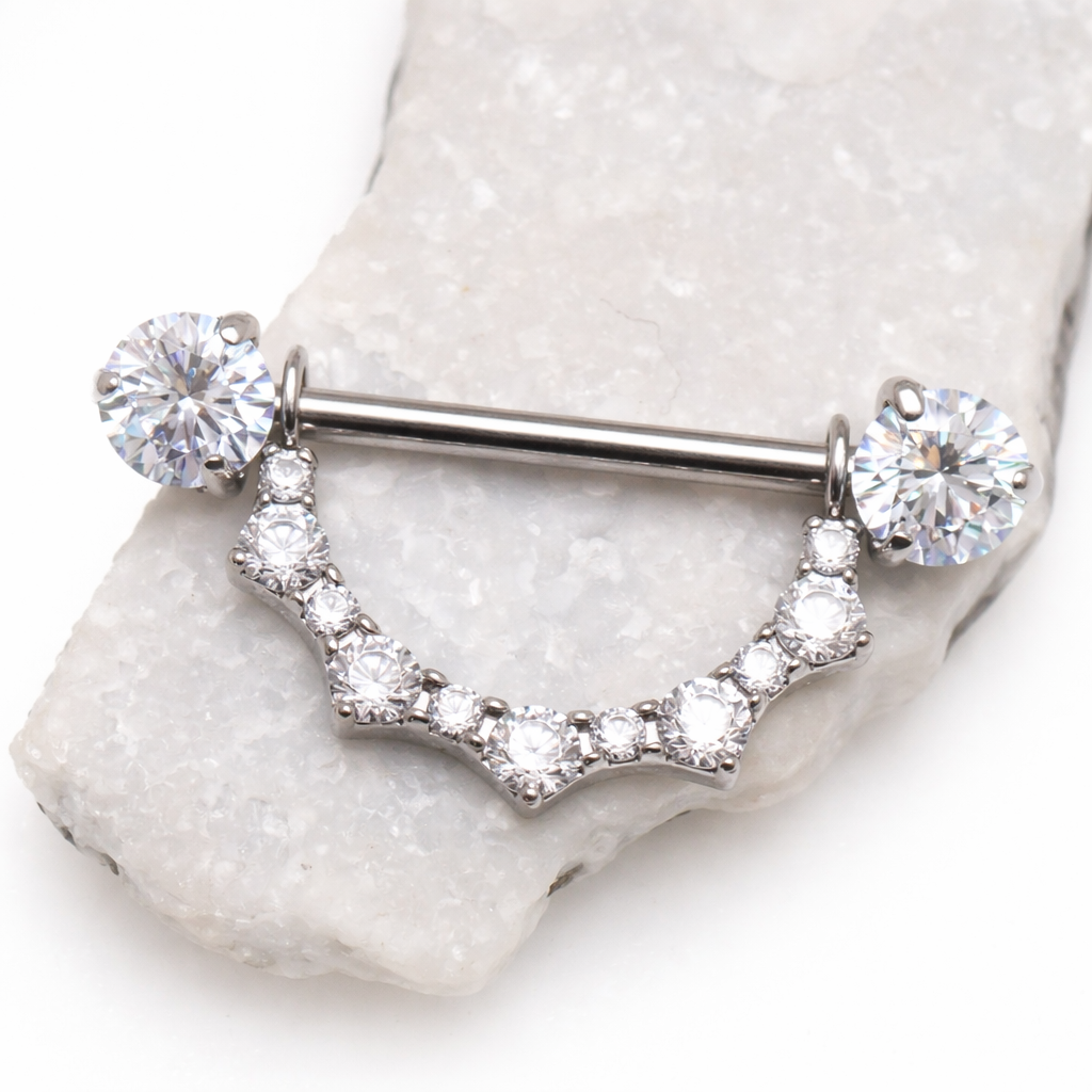 Implant titanium CZ shield nipple barbell with CZ ends, push-fit 14mm or 16mm, Body Clickers Body Jewelry nipple jewelry.