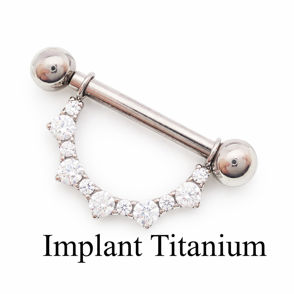 Titanium CZ shield nipple ring barbell by Body Clickers, internally threaded 14mm, 16g push-fit nipple jewelry for piercing.