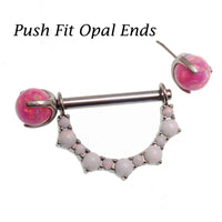 Titanium implant nipple jewelry with opal cluster shield and claw set ends, 14mm push-fit barbell, featuring peacock blue and pink opals.