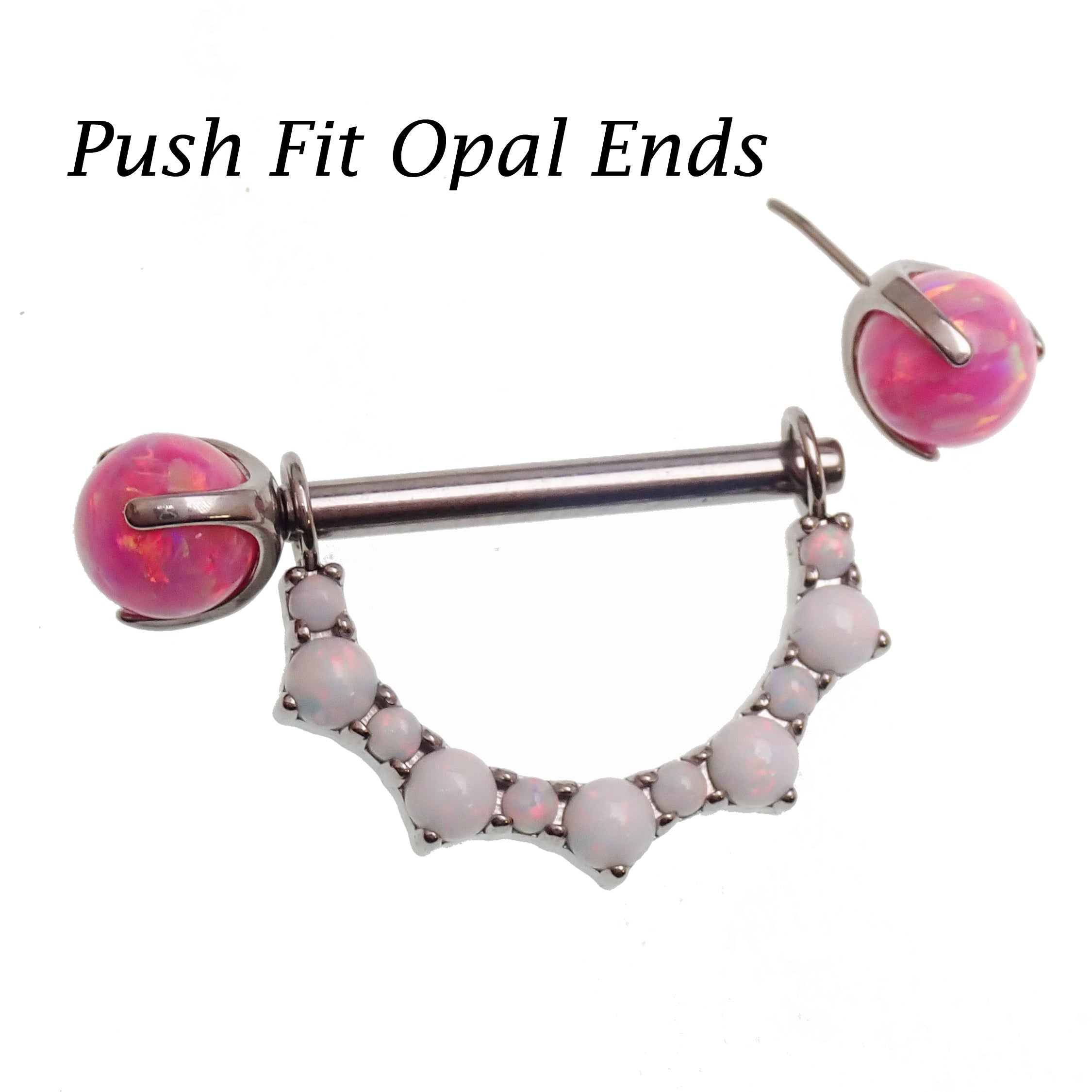 Titanium implant nipple jewelry with opal cluster shield and claw set ends, 14mm push-fit barbell, featuring peacock blue and pink opals.