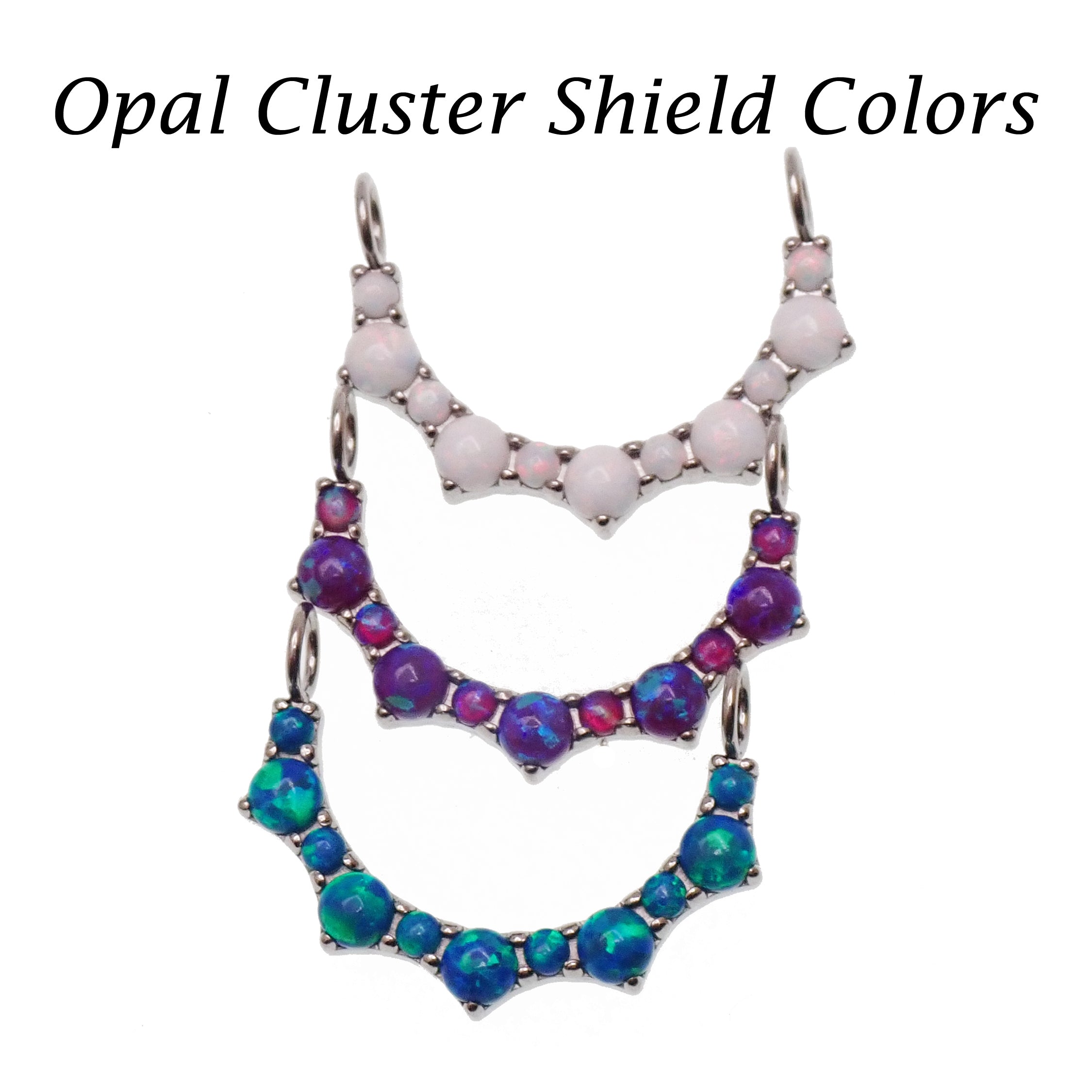 Titanium nipple jewelry with opal cluster shield and claw set ends, push fit 14mm, from Body Clickers Body Jewelry.