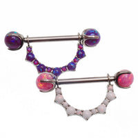 Titanium nipple barbell with opal cluster shield and claw set ends, 14mm push-fit nipple jewelry by Body Clickers Body Jewelry