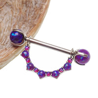 Titanium implant nipple jewelry with opal cluster shield and claw ends, 14mm push-fit barbell, featuring peacock blue and pink opals.