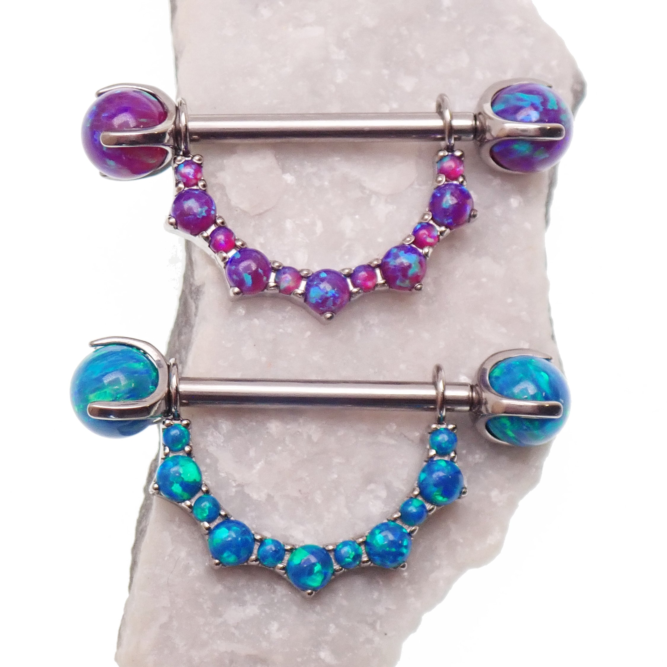 Titanium nipple barbell with opal cluster shield and claw set ends, 14mm push-fit nipple jewelry by Body Clickers Body Jewelry.