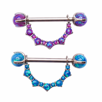 Titanium implant nipple barbell with peacock blue opal cluster shield ends and pink snow opal claws, push-fit 14mm body jewelry.