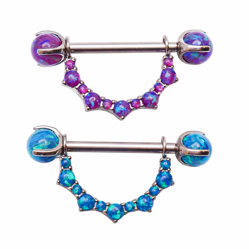 Titanium implant nipple barbell with peacock blue opal cluster shield ends and pink snow opal claws, push-fit 14mm body jewelry.