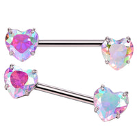 14G 14mm heart-shaped nipple barbell by Body Clickers, with pink AB CZ stones, implant-grade titanium, internally threaded nipple jewelry
