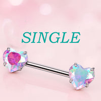 14G 14mm Heart Nipple Barbell by Body Clickers, titanium with pink AB CZ stones, internally threaded nipple jewelry.