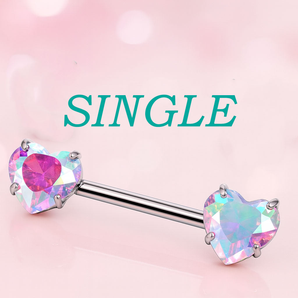 14G 14mm Heart Nipple Barbell by Body Clickers, titanium with pink AB CZ stones, internally threaded nipple jewelry.