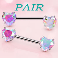 14G 14mm Heart Nipple Barbell by Body Clickers, titanium with pink AB CZ stones, internally threaded nipple jewelry.