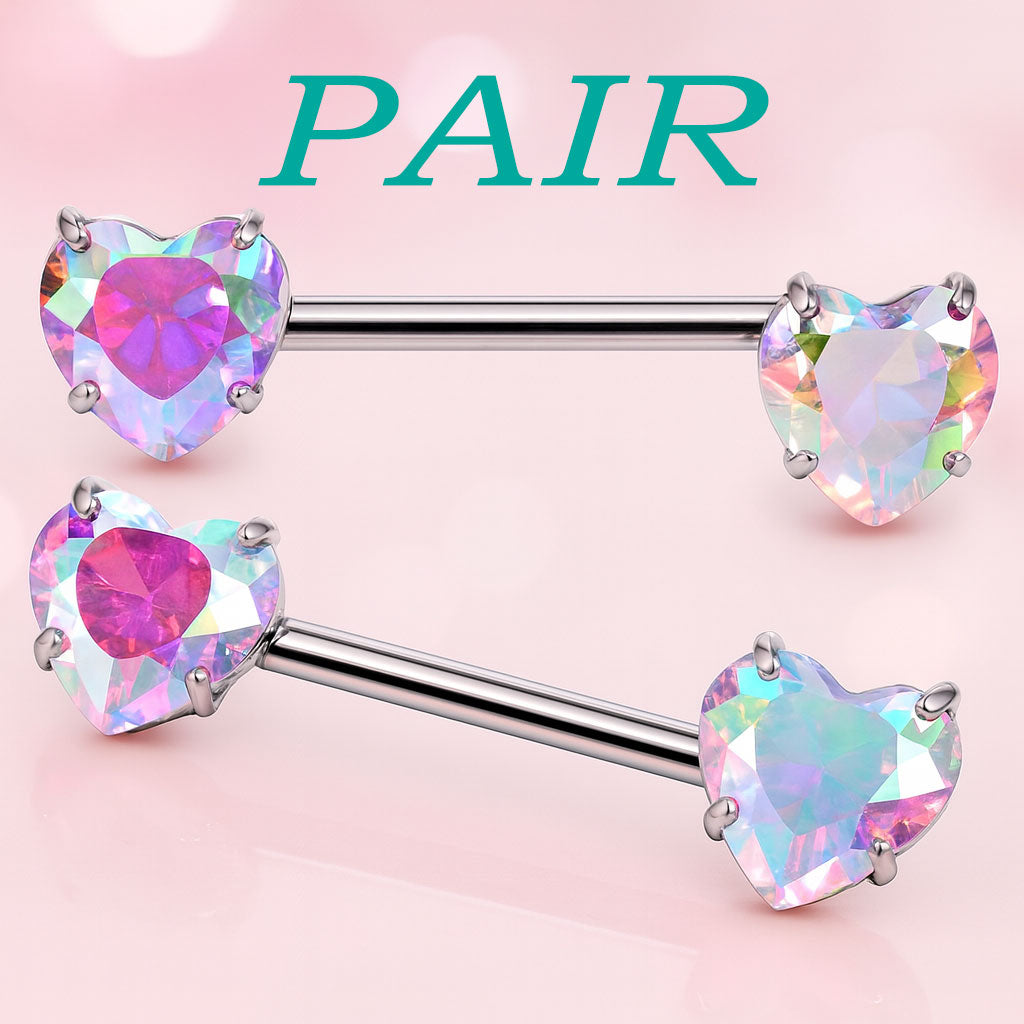 14G 14mm Heart Nipple Barbell by Body Clickers, titanium with pink AB CZ stones, internally threaded nipple jewelry.