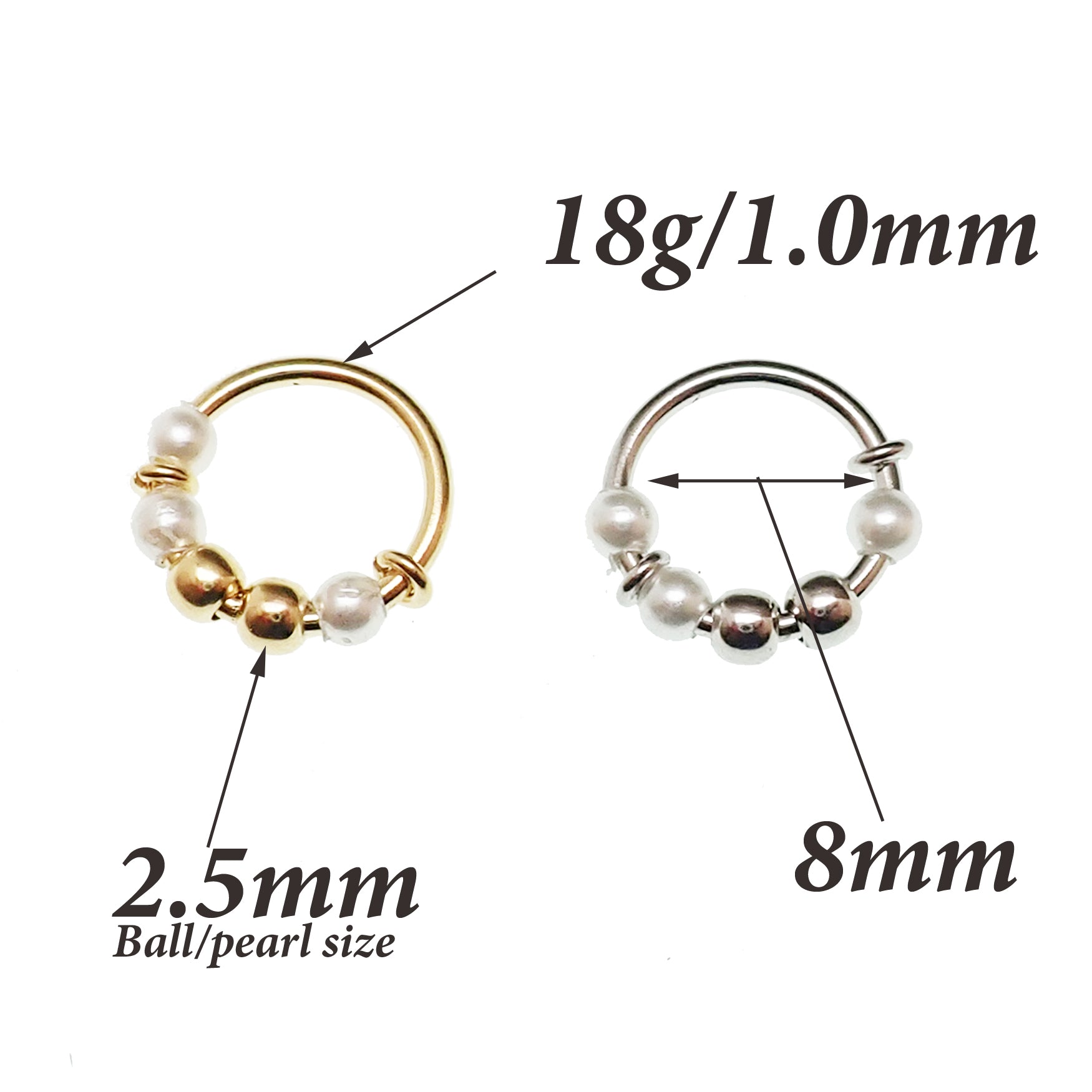 Sterling silver pearl nose hoop by Body Clickers, 18g gauge, 8mm size, featuring a smooth hoop with a pearl accent.