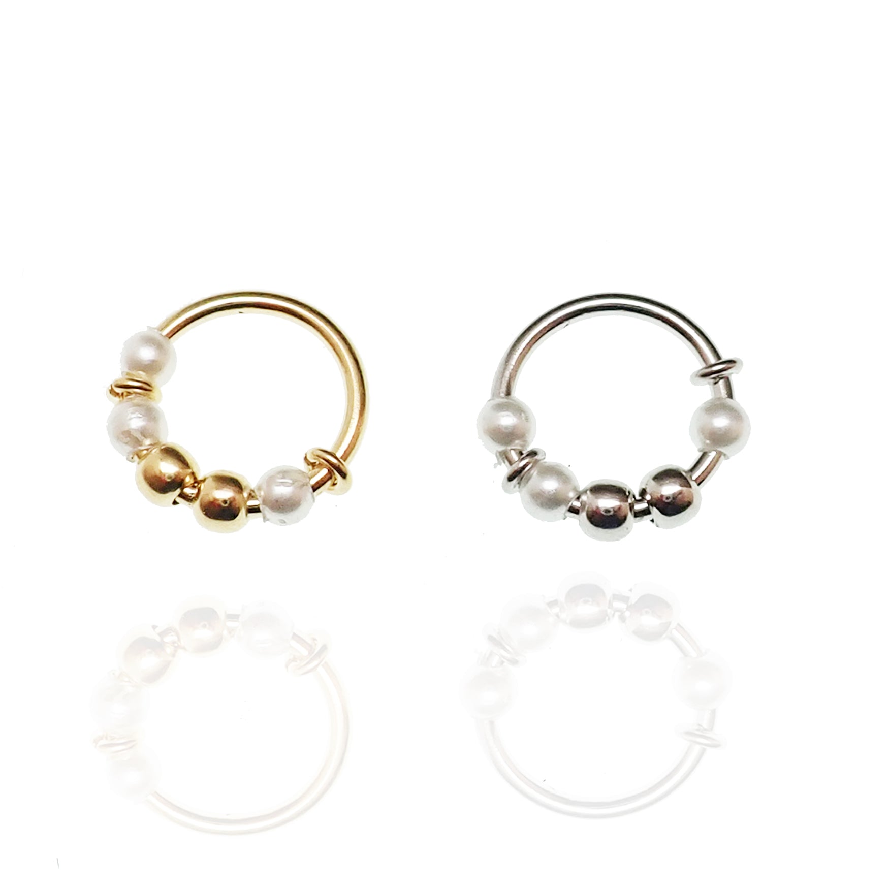 Sterling silver pearl nose hoop by Body Clickers, 18g, 8mm diameter, featuring a smooth hoop with a pearl accent.