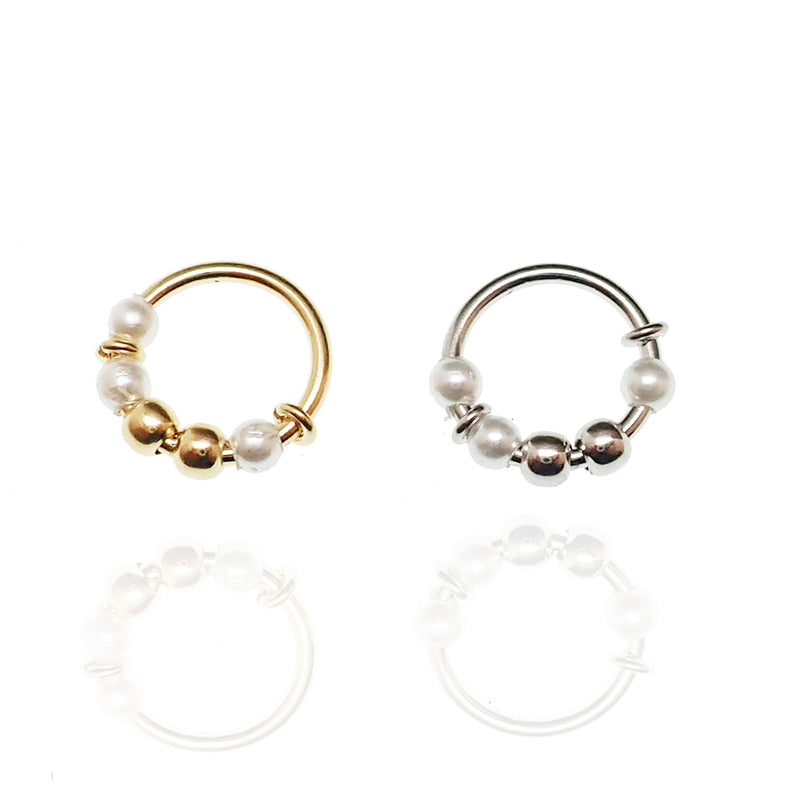 Sterling silver pearl nose hoop by Body Clickers, 18g, 8mm diameter, featuring a smooth hoop with a pearl accent.