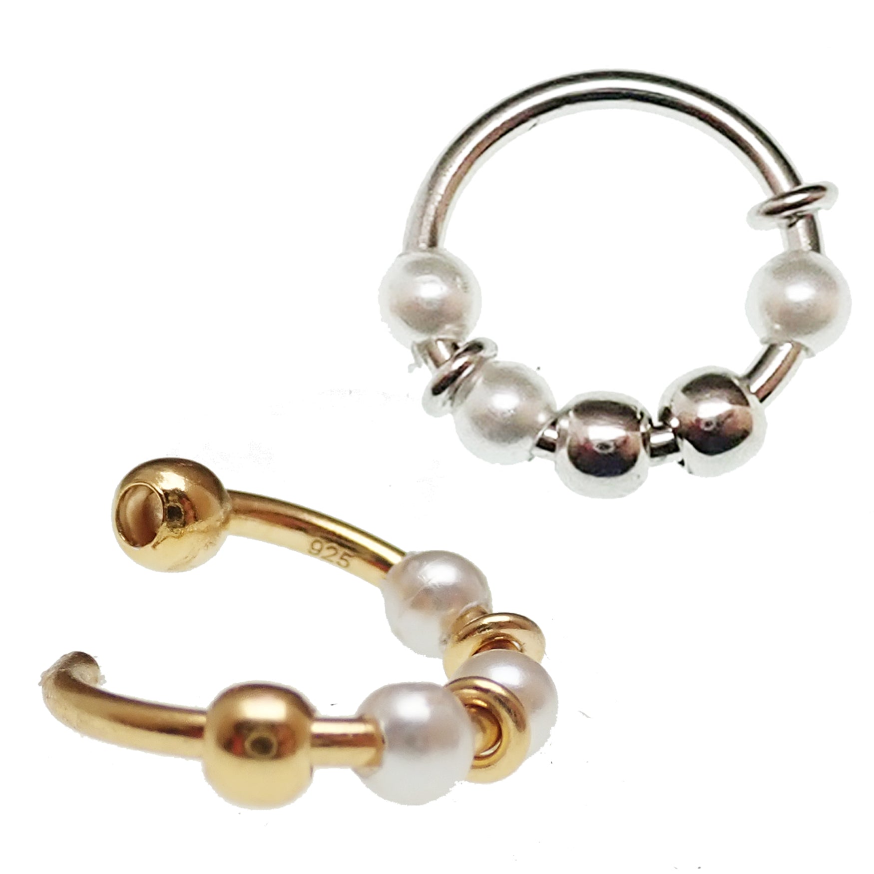 Sterling silver nose hoop by Body Clickers with pearl detail, 18g gauge and 8mm diameter, showcasing its elegant design.