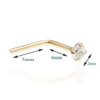 14K gold nose stud with 2mm cubic zirconia from Body Clickers Body Jewelry, featuring a sleek, minimalistic design for nose piercing.