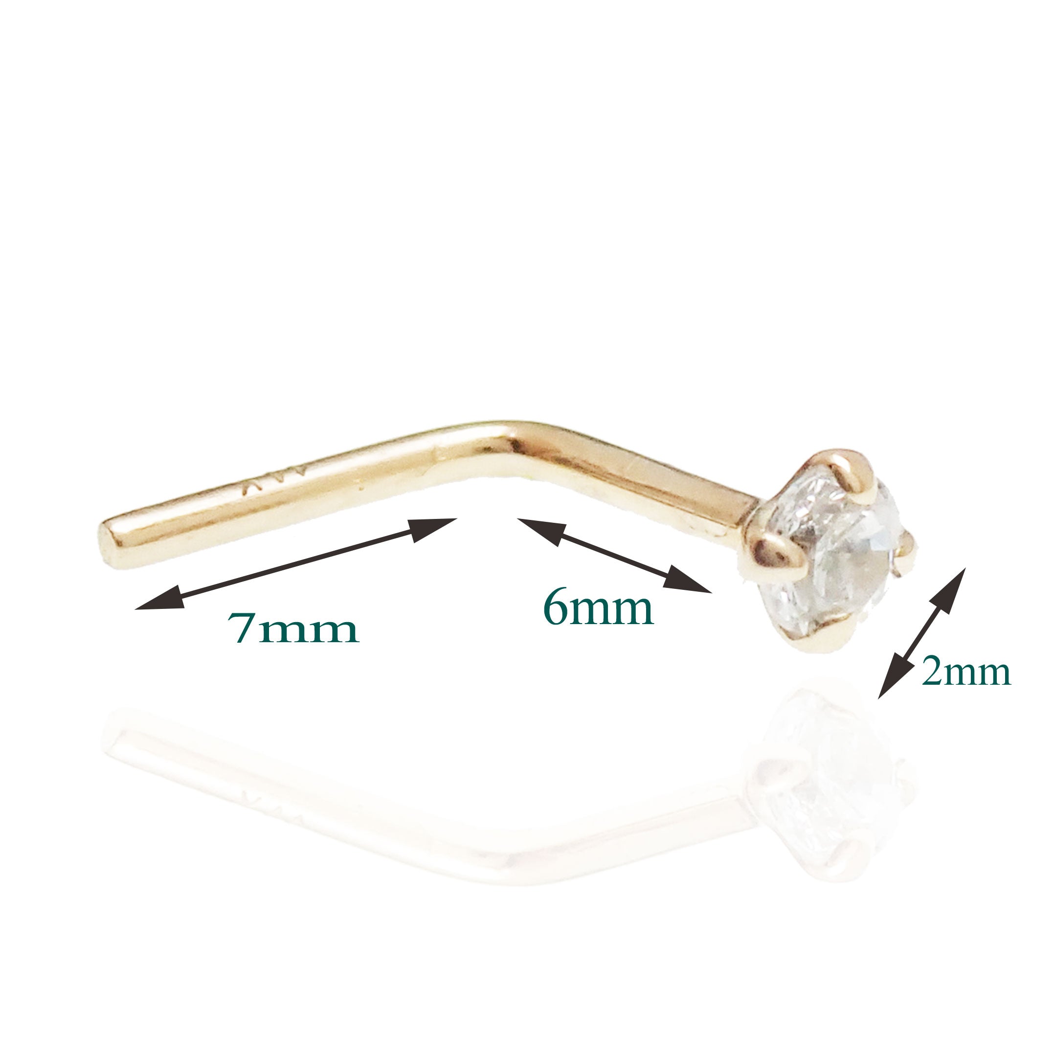 14K gold nose stud with 2mm cubic zirconia from Body Clickers Body Jewelry, featuring a sleek, minimalistic design for nose piercing.