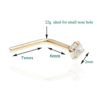 14K gold nose stud with a 2mm cubic zirconia gemstone, Body Clickers Body Jewelry nose piercing, simple and elegant design.