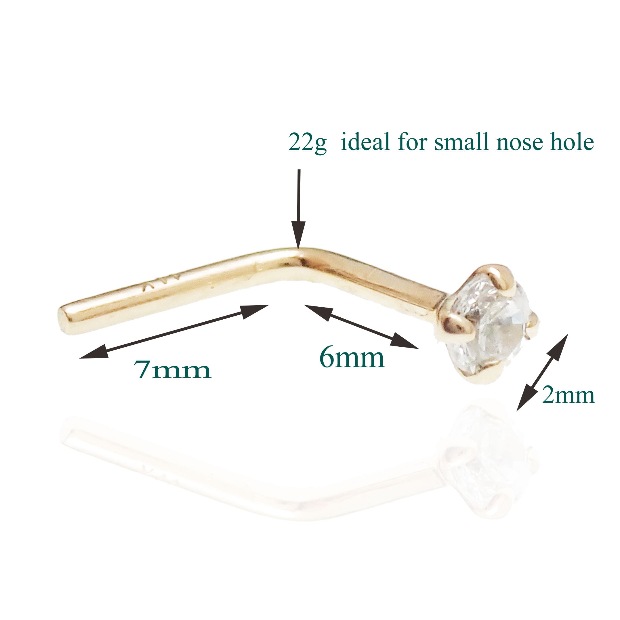 14K gold nose stud with a 2mm cubic zirconia gemstone, Body Clickers Body Jewelry nose piercing, simple and elegant design.