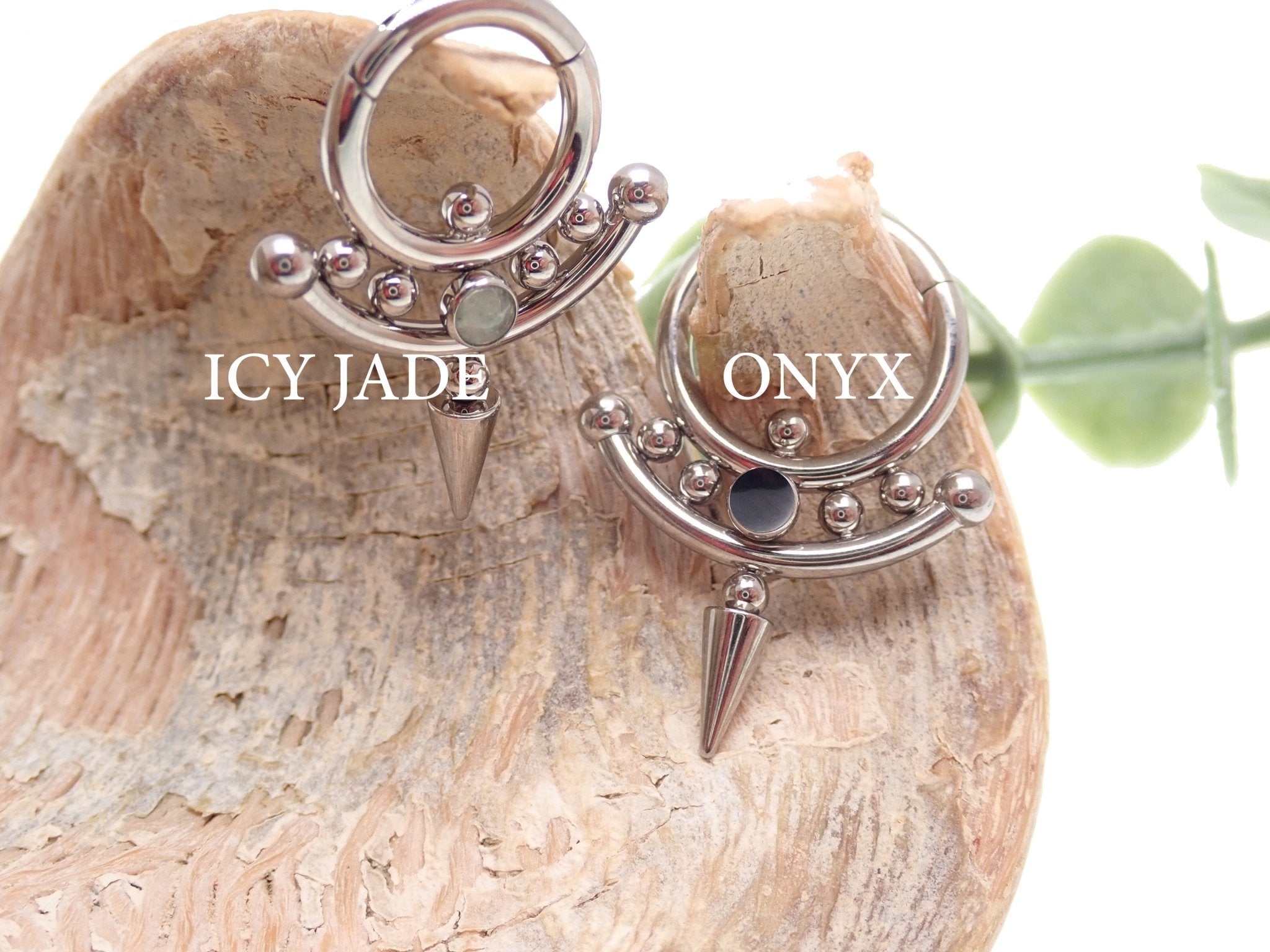 Onyx or Icy Jade Spike Titanium Clicker body jewelry in 14g and 16g with 8mm stones, from Body Clickers.