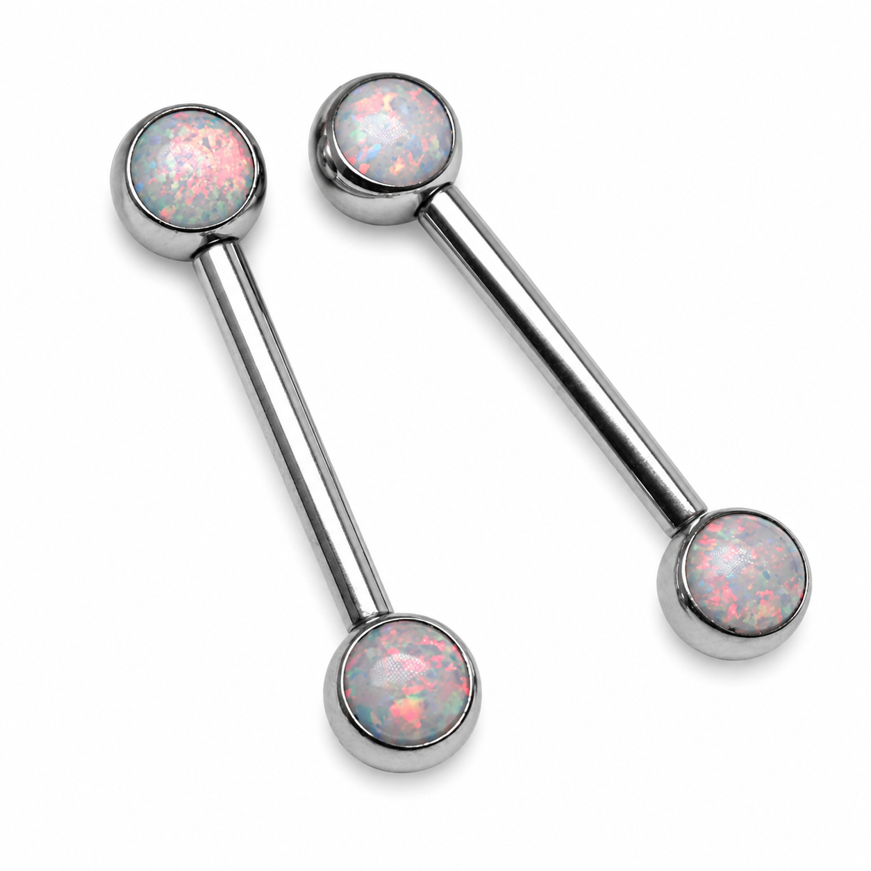 Peacock blue Opal Push Fit Nipple Bars by Body Clickers, 14g and 16g body jewelry with 12mm length.