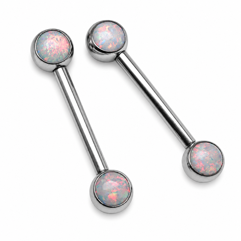 Peacock blue Opal Push Fit Nipple Bars by Body Clickers, 14g and 16g body jewelry with 12mm length.