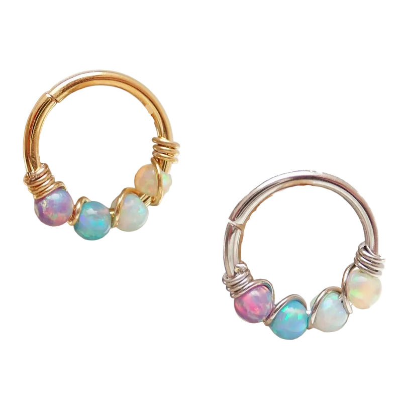 Sterling silver fire opal nose or ear hoop, 8mm, from Body Clickers Body Jewelry, featuring a vibrant fiery gemstone design.