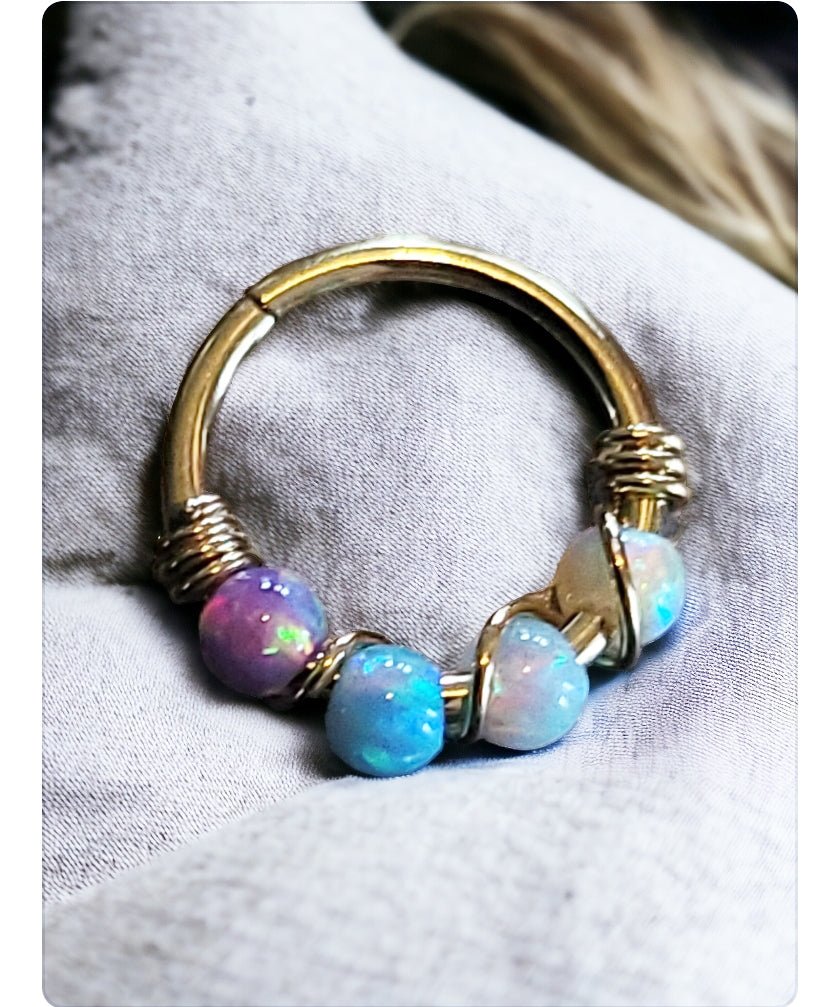 Sterling silver fire opal nose and ear hoop, 8mm, Body Clickers Body Jewelry featuring vibrant fire opal gemstone.
