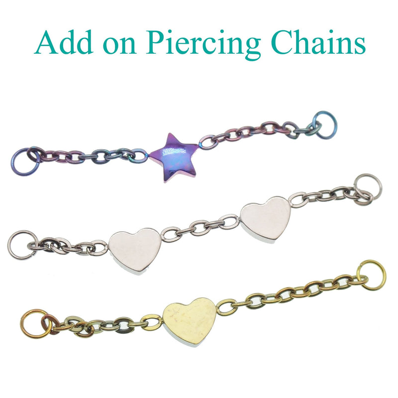 Titanium chain body jewelry by Body Clickers with a heart design, 30mm length, suitable for various piercings.