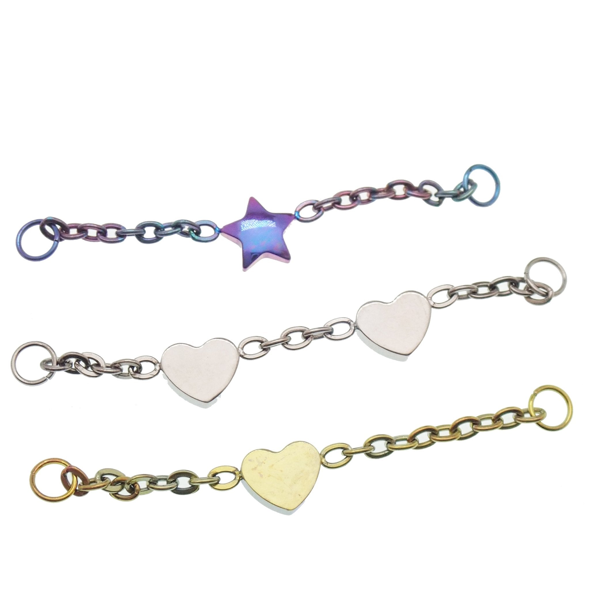 Titanium chain body jewelry by Body Clickers for various piercings, featuring a 30mm heart design and durable titanium material.